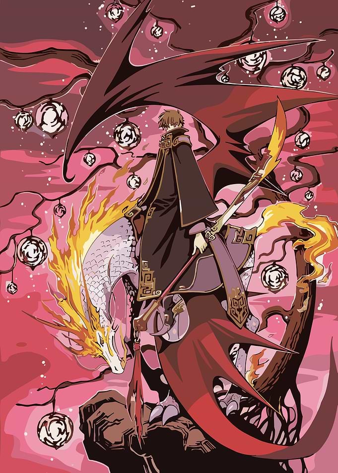 Anime character with dragon and staff