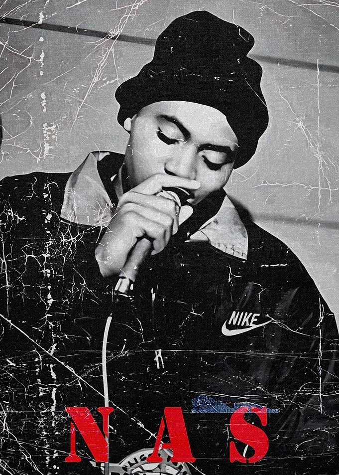 Nas performing with microphone