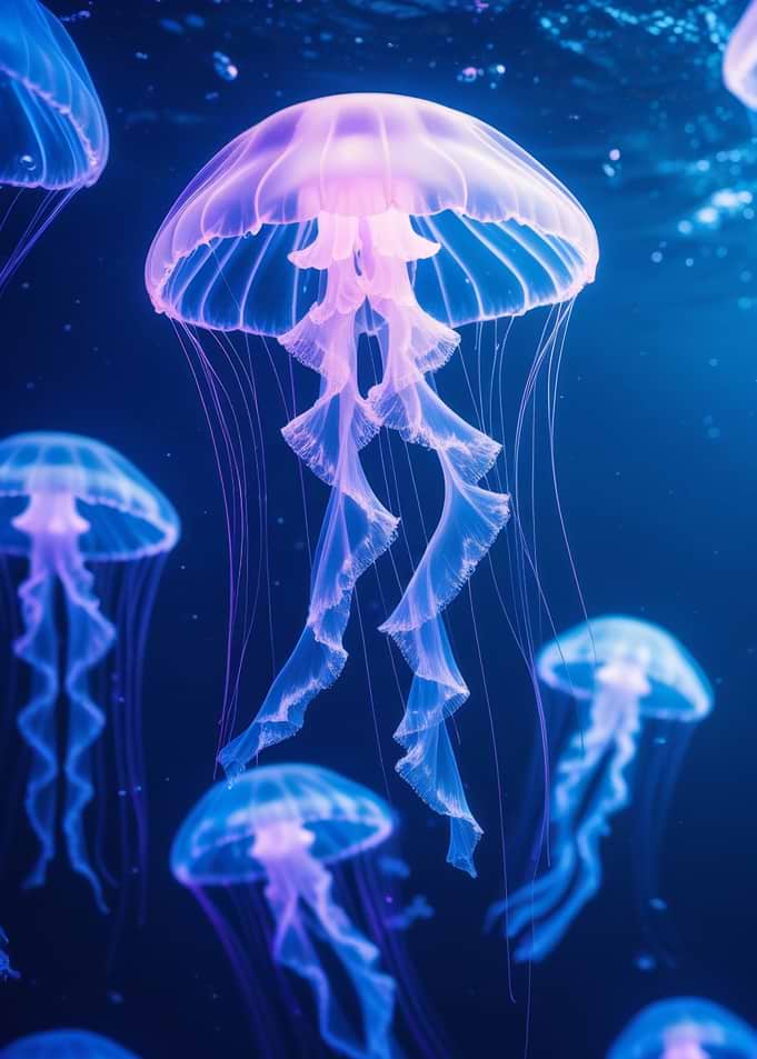 Bioluminescent Jellyfish in Deep Blue Water