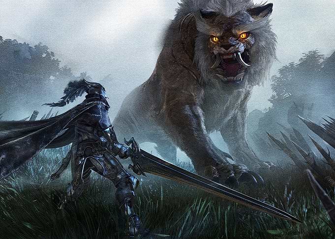 Knight battles a monstrous beast