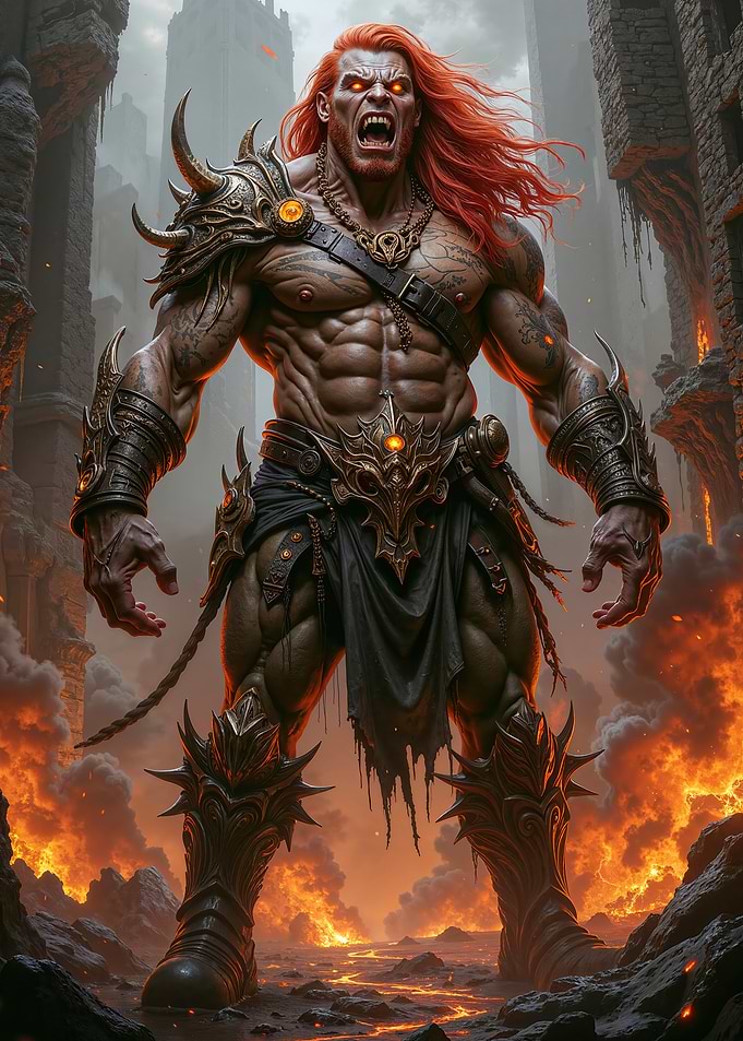 Furious Warrior in Fiery Landscape