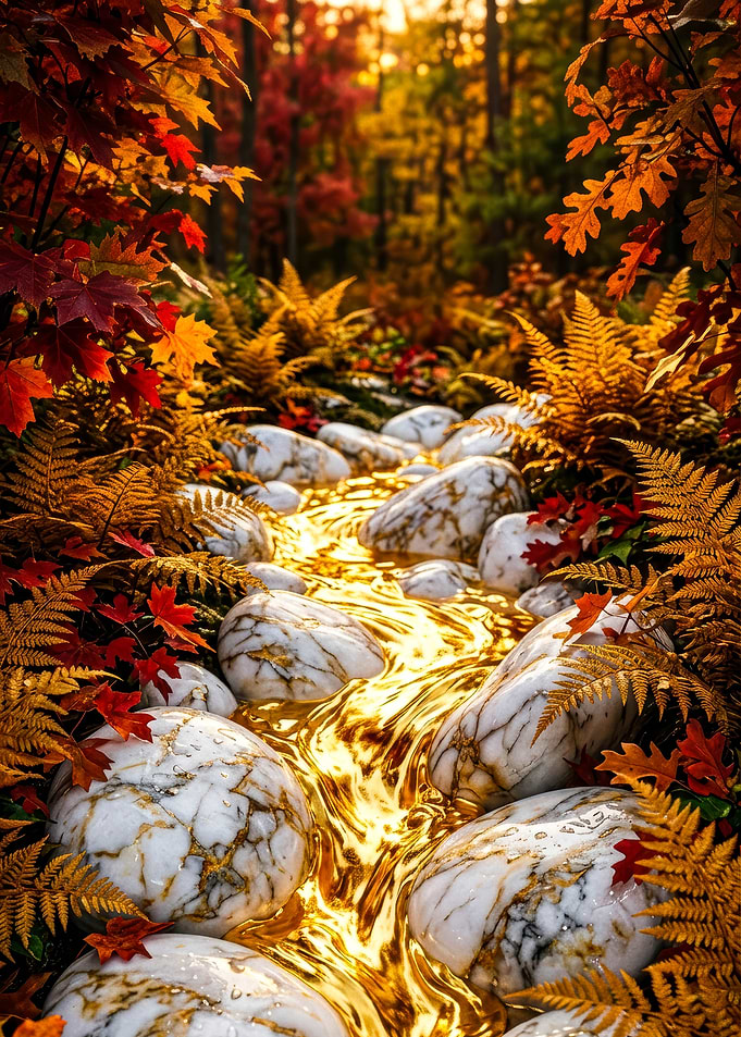Golden Stream in Autumn Forest