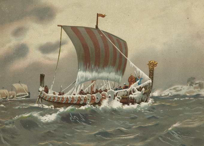 Viking longship in icy seas