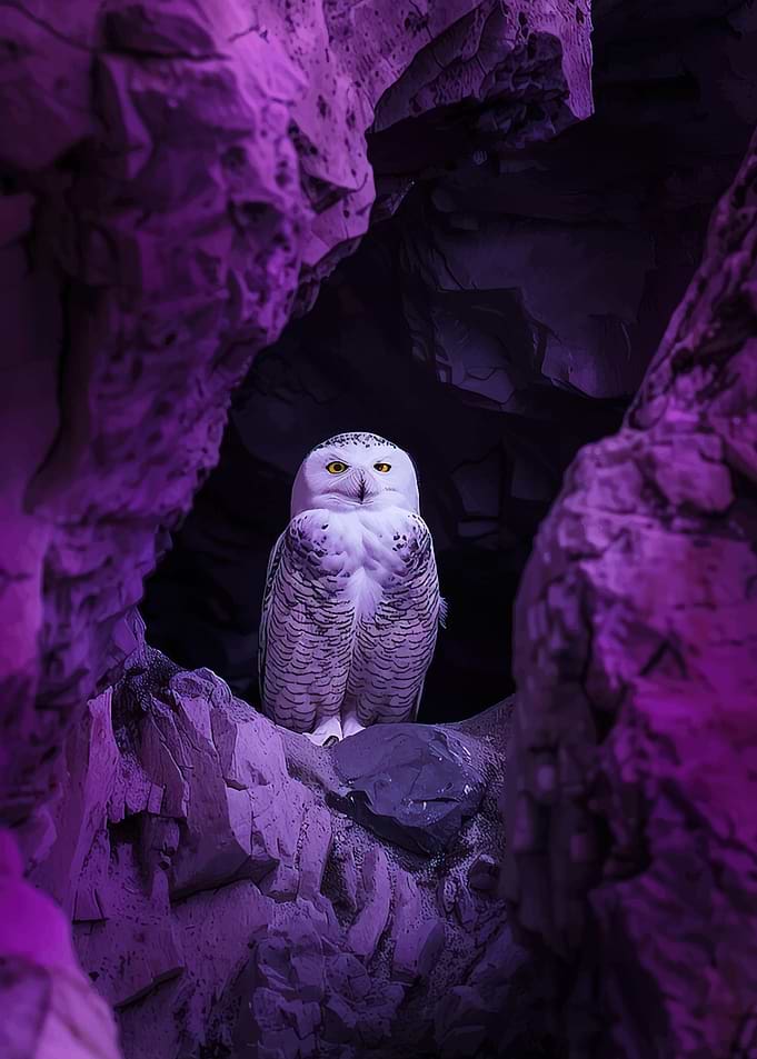 Snowy Owl in a Purple Cave