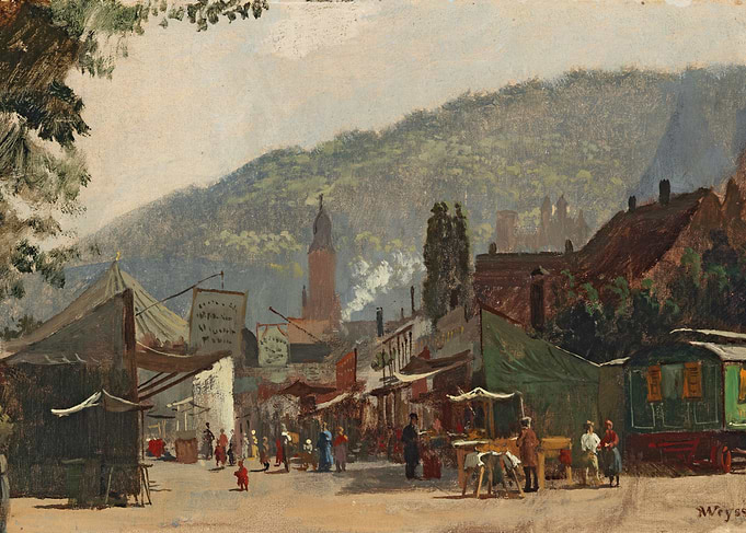Market scene with a church tower