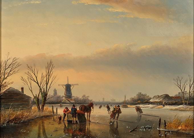 Winter Scene with Ice Skaters and Windmill