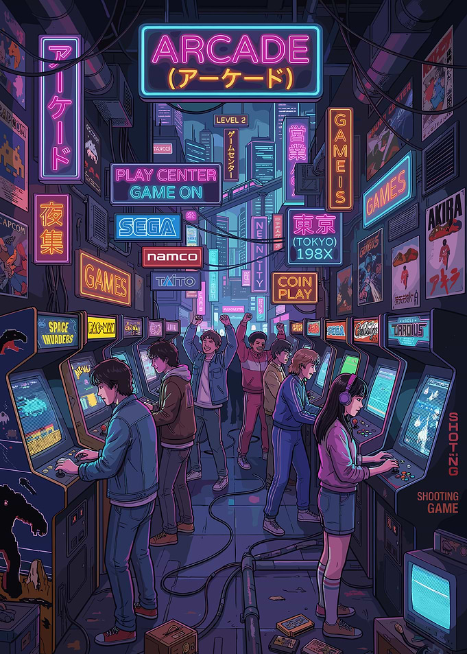 Retro Arcade Scene with Neon Lights