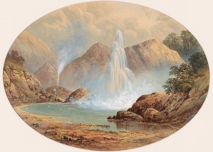 Geyser erupting in a mountainous landscape