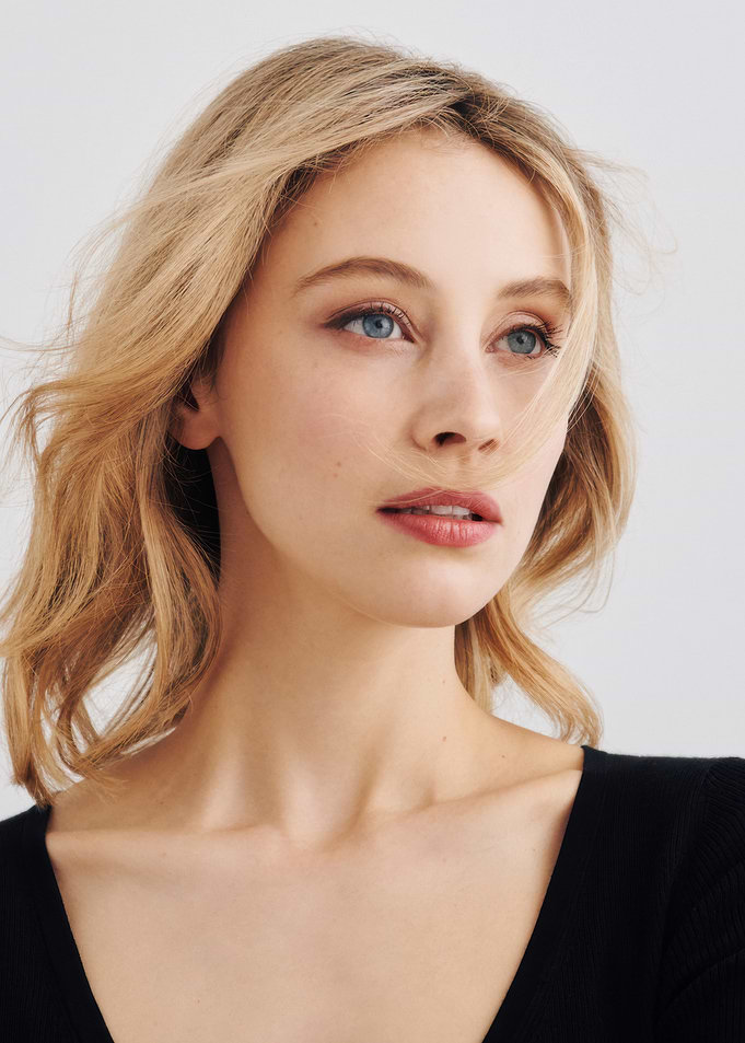 Blonde Sarah Gadon with Blue Eyes
