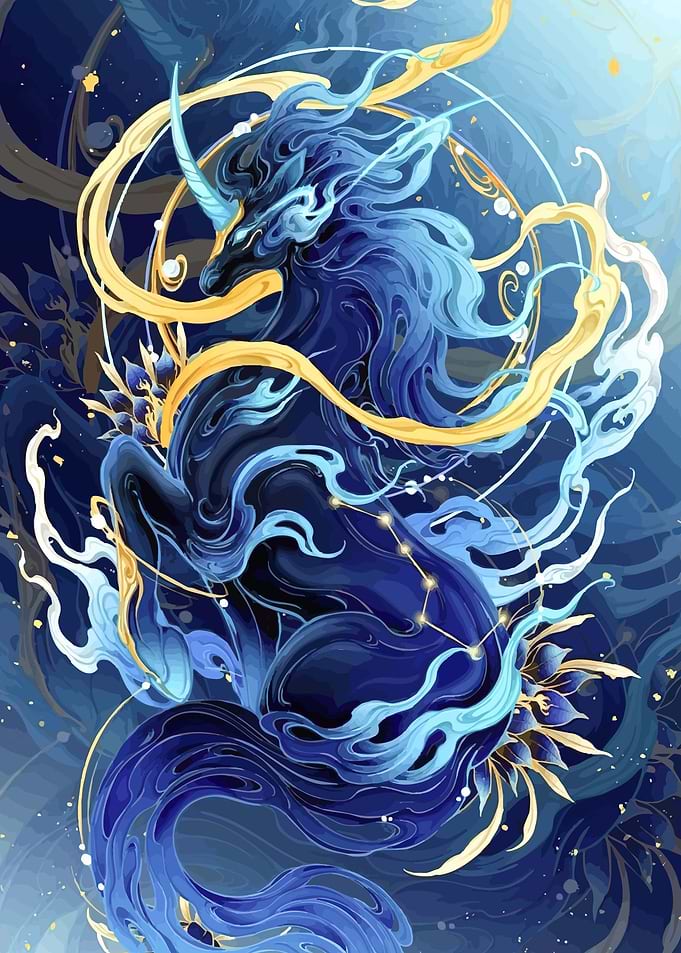 Mystical Blue Unicorn with Golden Swirls