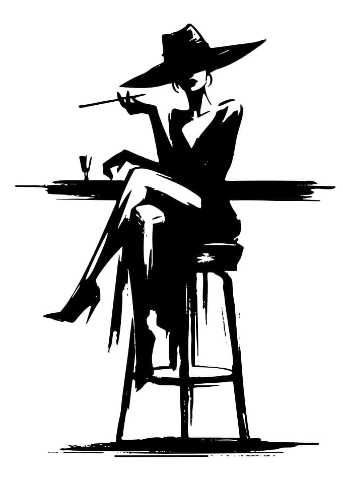 Woman in Hat Smoking at Bar