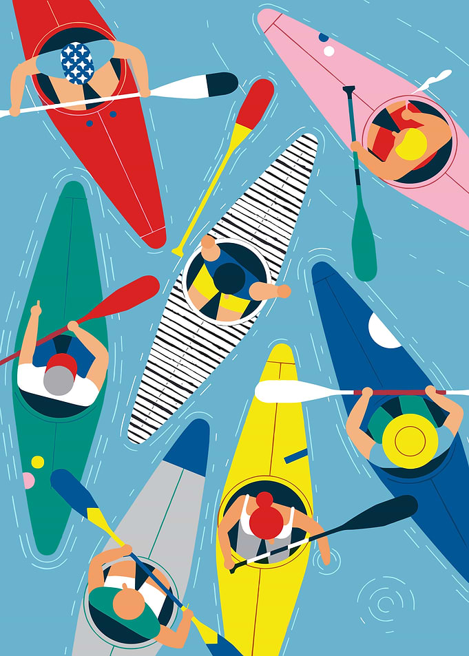 Kayakers in colorful boats