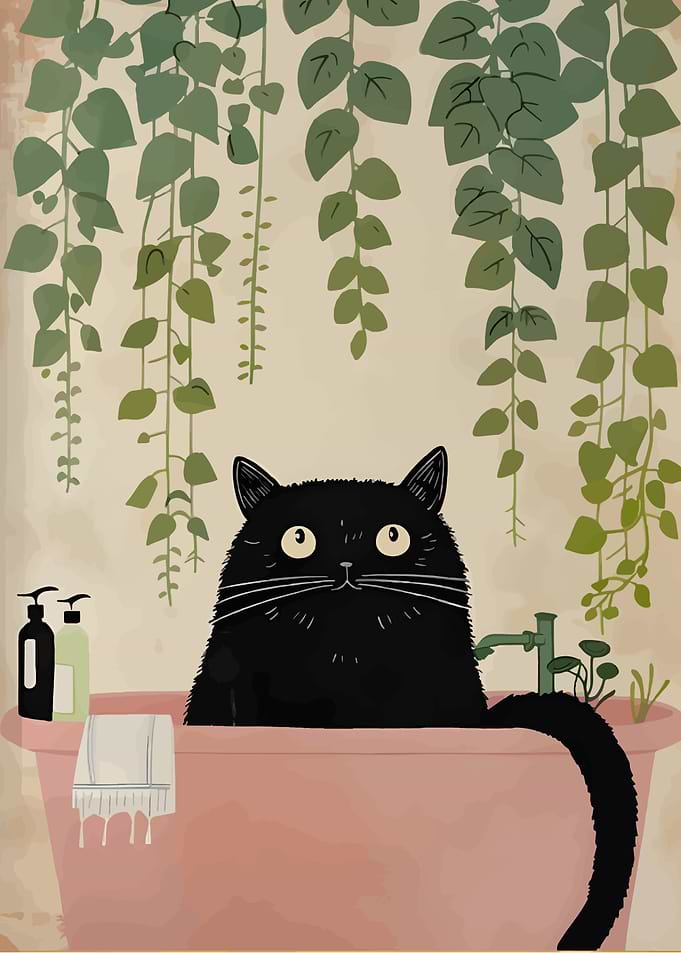 Black Cat in Bathtub with Plants
