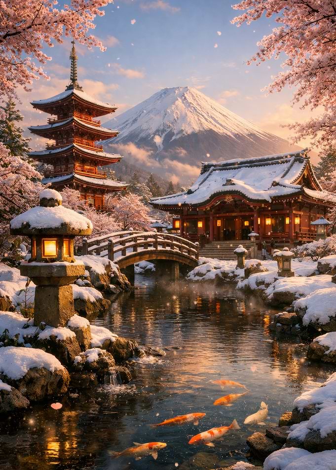 Winter scene with Mount Fuji and Pagoda