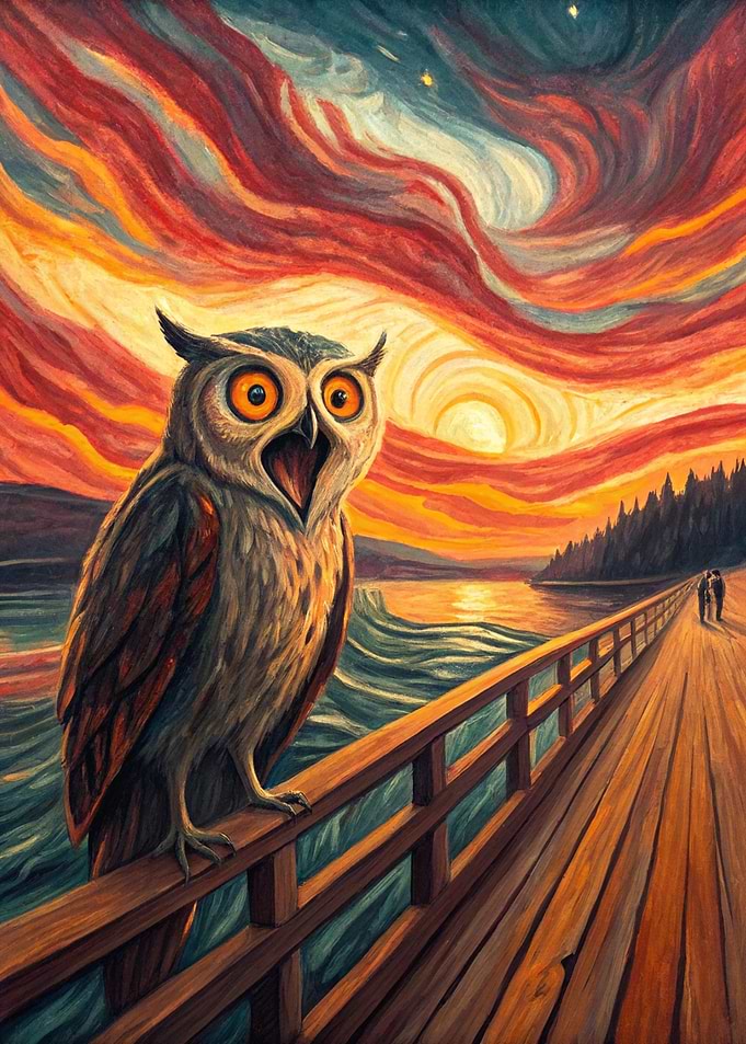 Screaming Owl on a Pier at Sunset