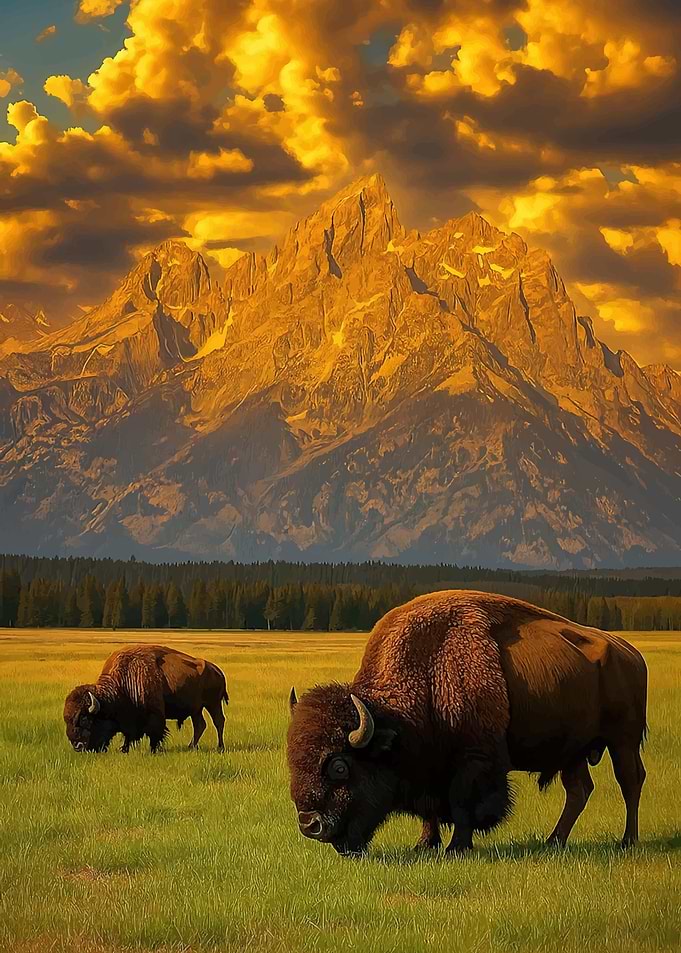 Bison in front of Grand Teton Mountains