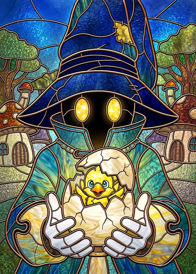 Black Mage holding a baby Chocobo