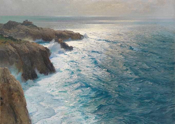 Waves crashing on rocky coastline