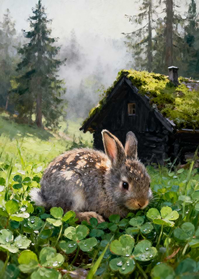 Bunny in a Clover Field by a Cabin