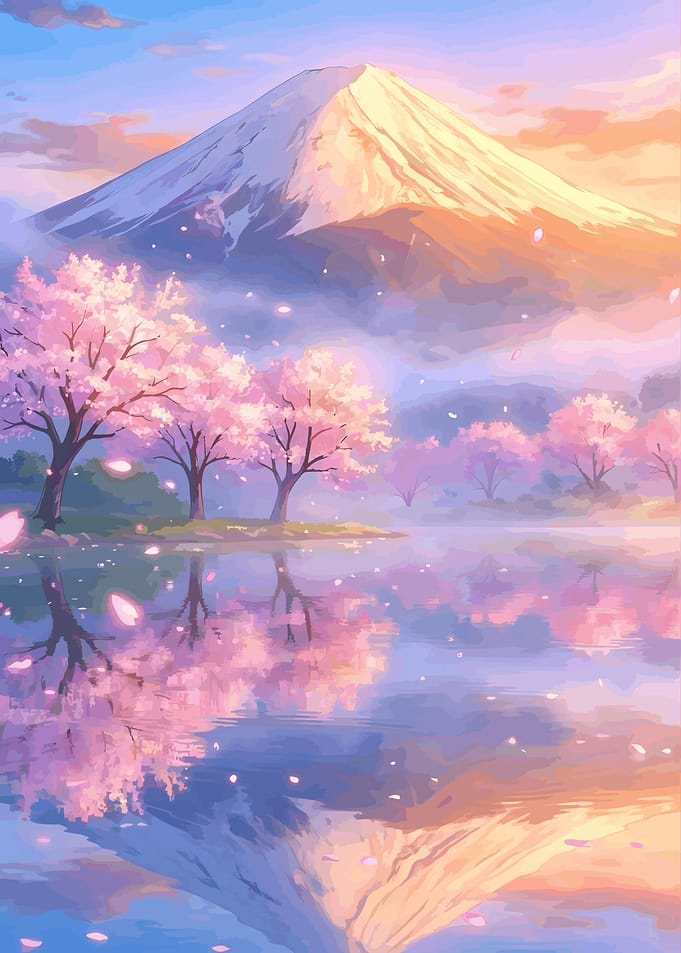 Mount Fuji Sakura Sunrise Reflection Japanese