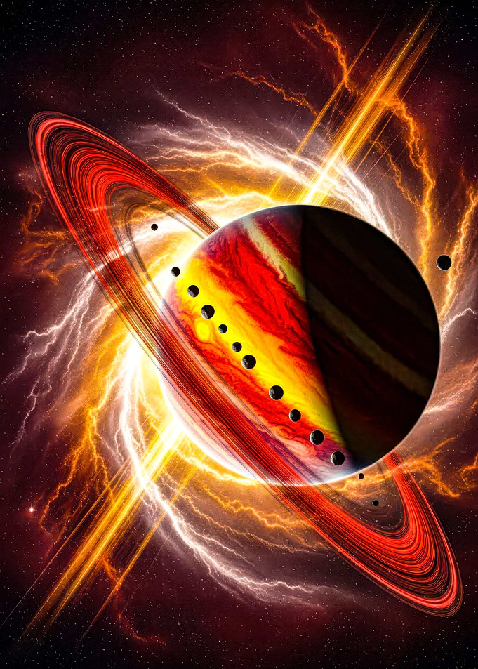 Fiery Planet with Rings and Moons