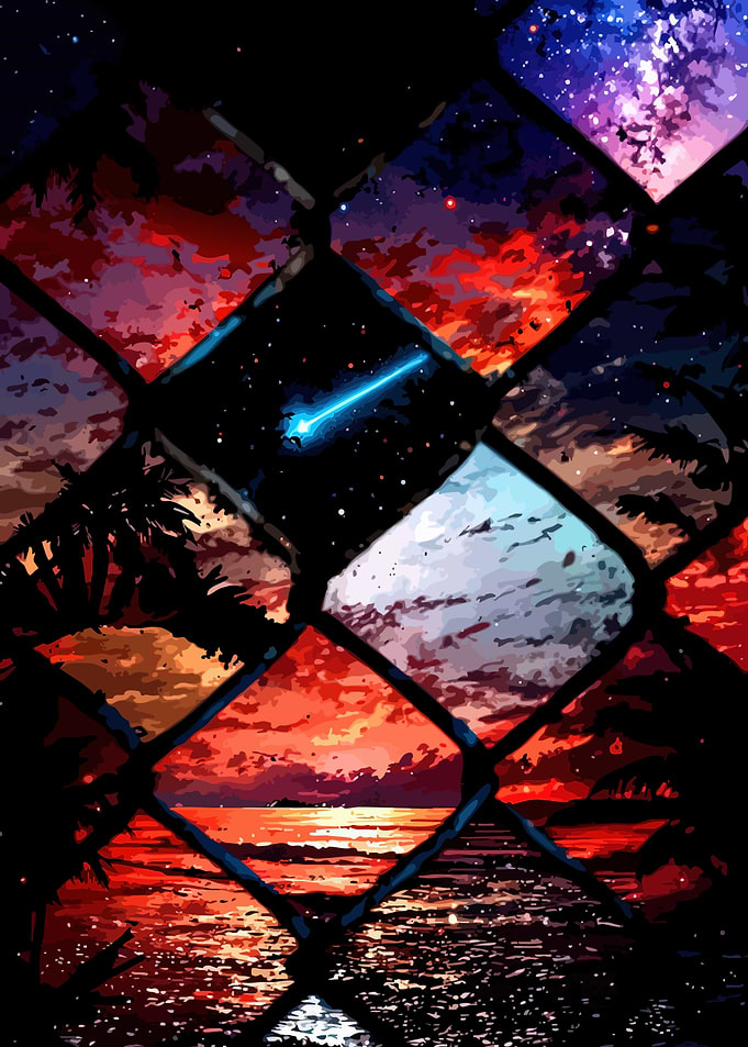 Anime Sunset Over Ocean Through Fence