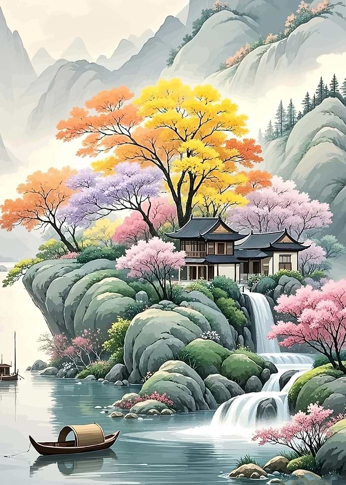 Serene Japanese Landscape Waterfall