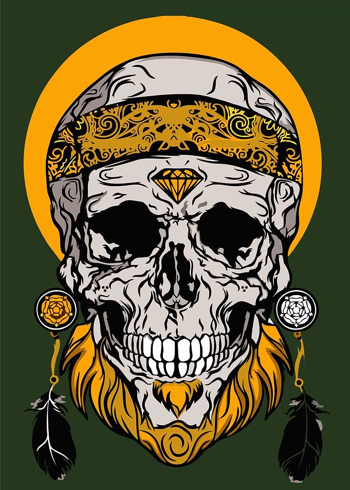 Tribal Skull with Diamond and Feathers