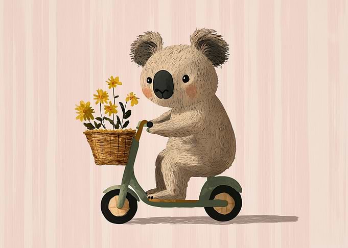 Cute Koala Riding a Scooter with Flowers