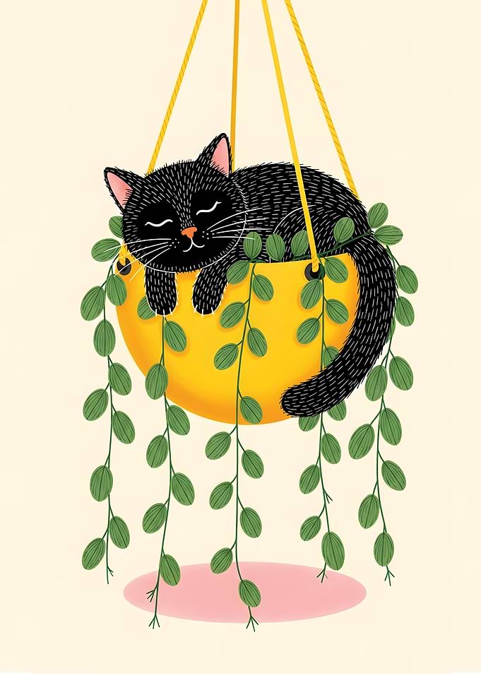 Cute Black Cat Sleeping in a Plant Pot