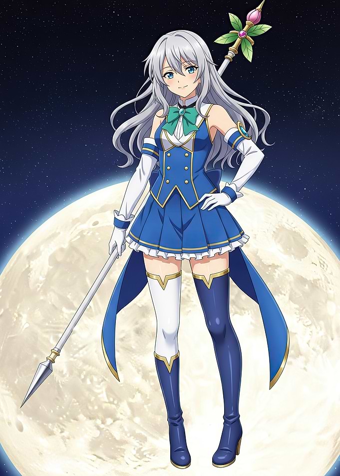 Anime Girl with Staff Under Moon