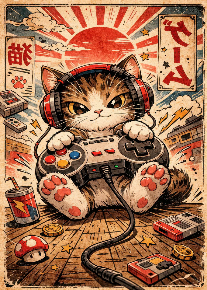 Cute Cat Gamer with Retro Controller