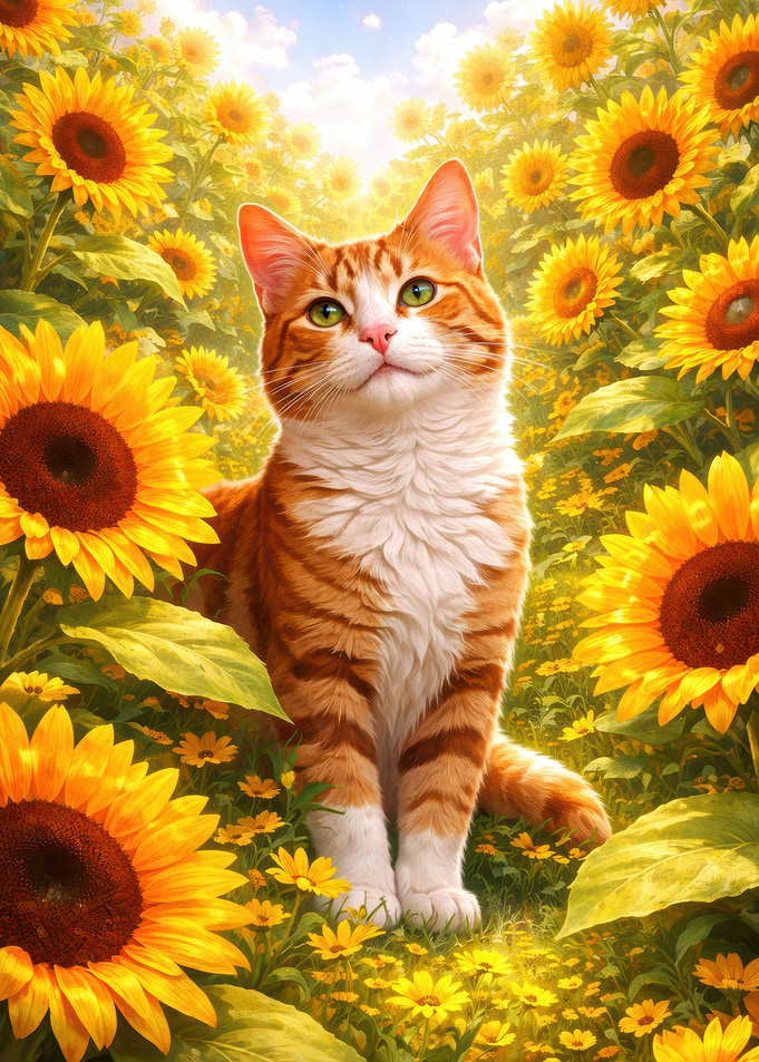 Orange Tabby Cat in Sunflower Field