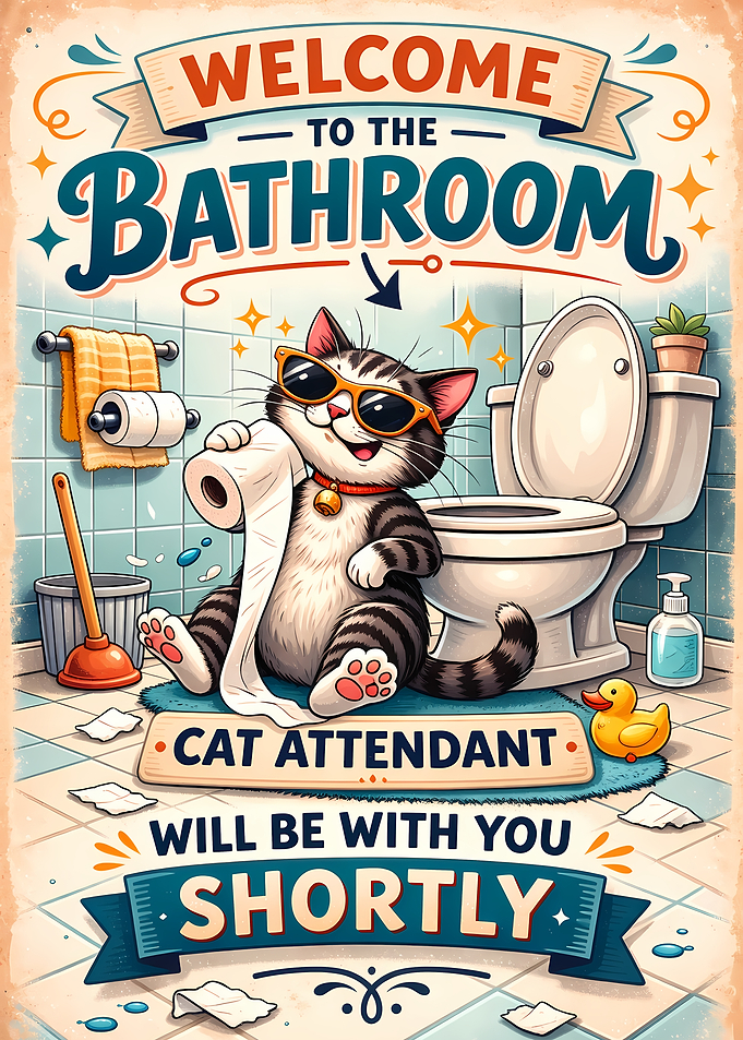 Cat Attendant in Bathroom Poster