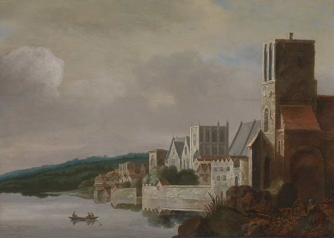 River town with church and boat