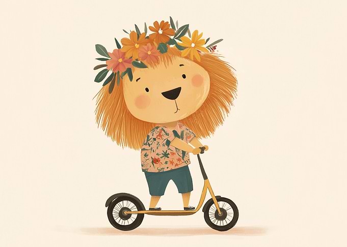 Lion on a Scooter with Flower Crown