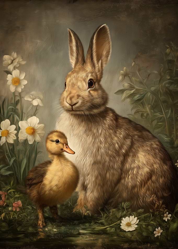 Bunny and Duckling in Flowers