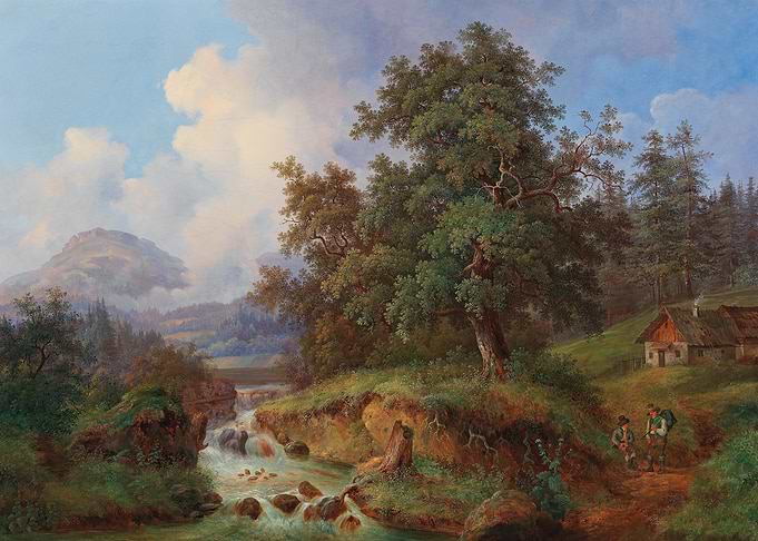 Alpine Landscape with Hikers and Cabin
