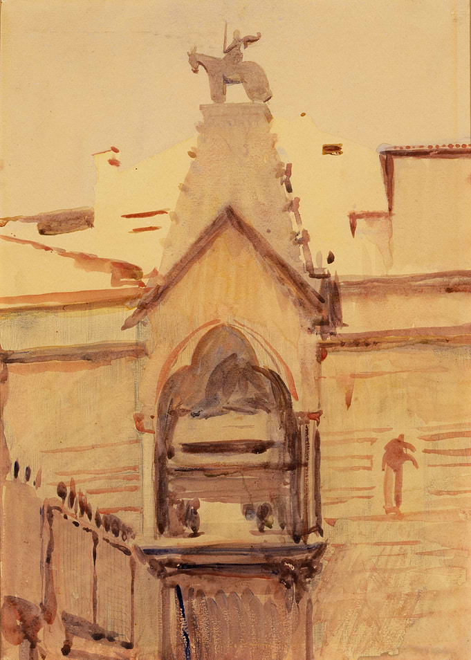 Watercolor painting of a building facade