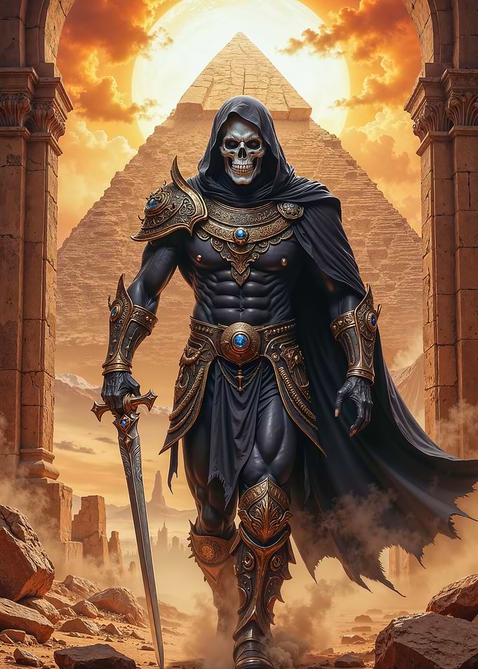 Skeleton Warrior in Egyptian Desert with Pyramid