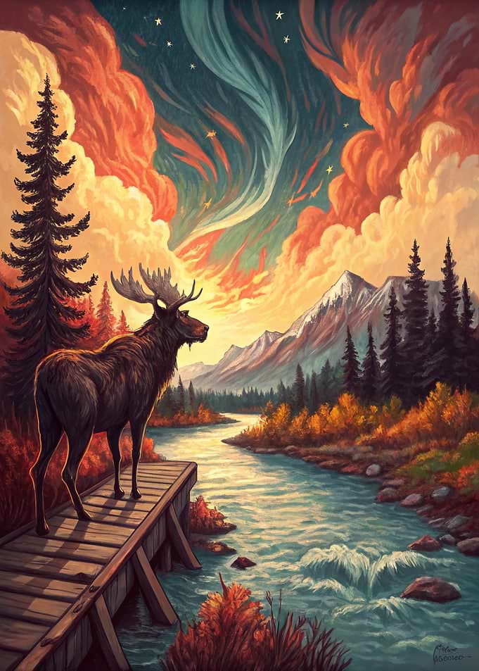 Moose on a Bridge Over a River