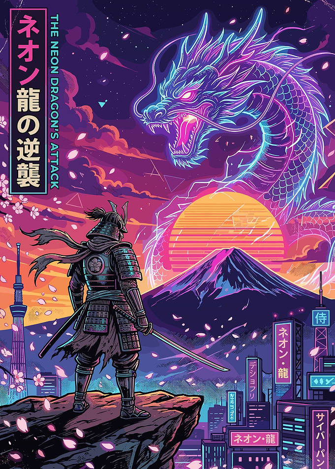 Samurai vs Neon Dragon in Cyberpunk Tokyo
