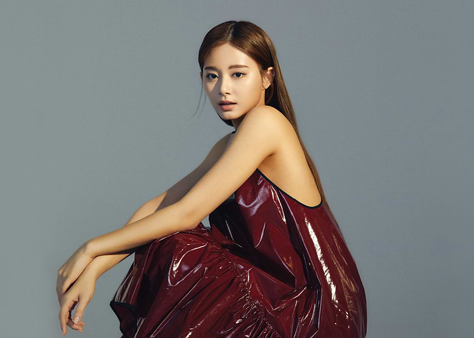 Tzuyu in a shiny red dress