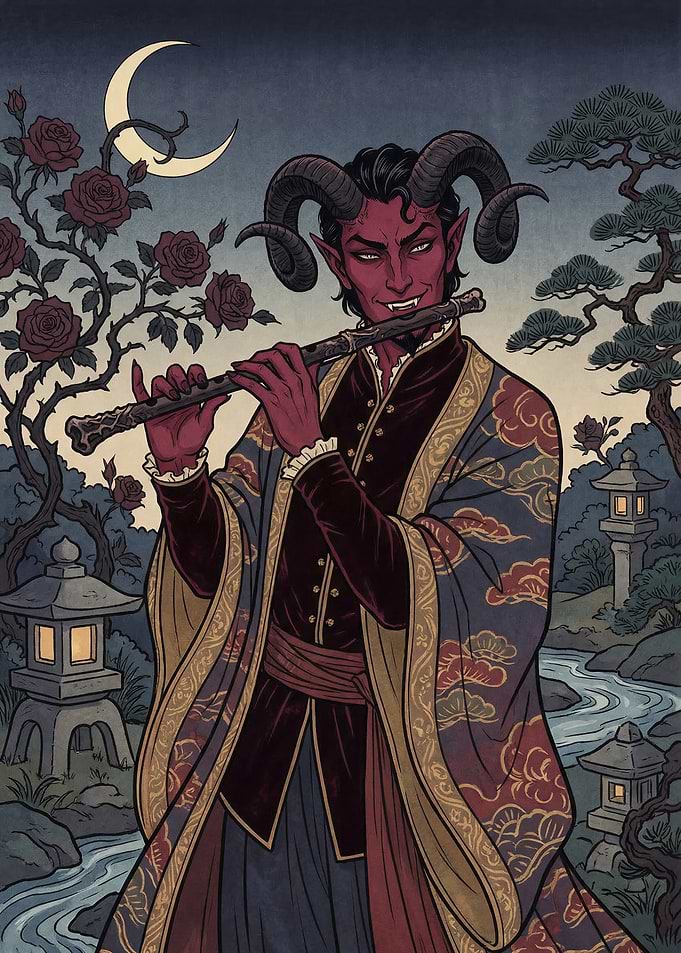 Tiefling Playing Flute in Japanese Garden