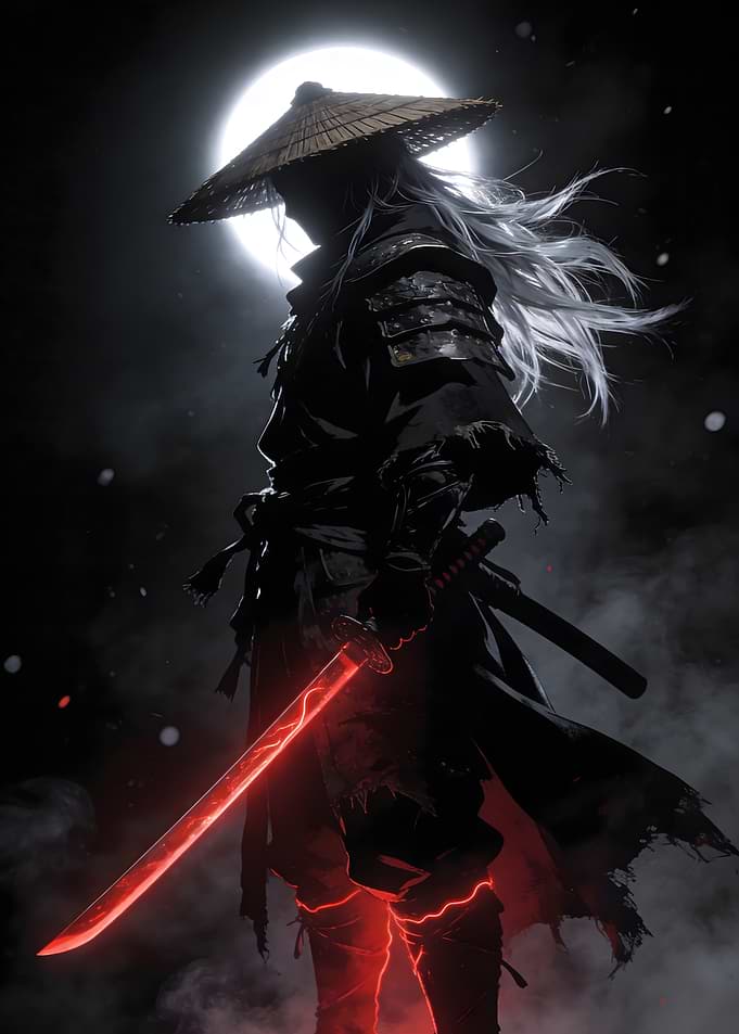 Título: Dark Samurai Red Katana — Moon Night Warrior Art