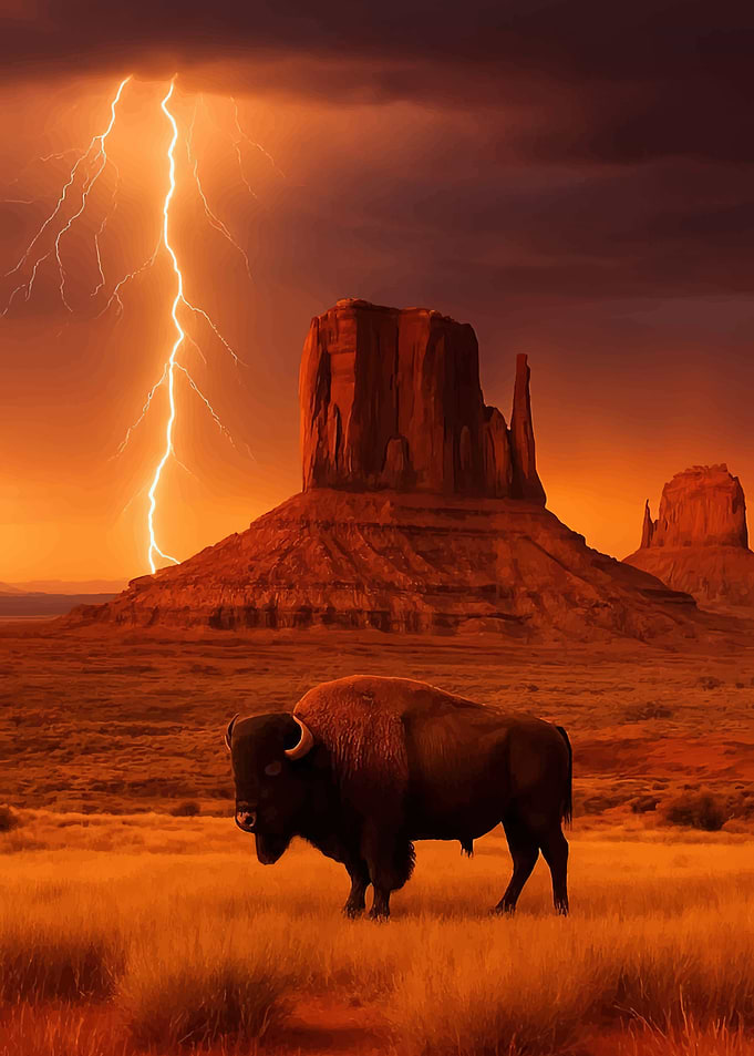 Bison in Monument Valley During Lightning Storm