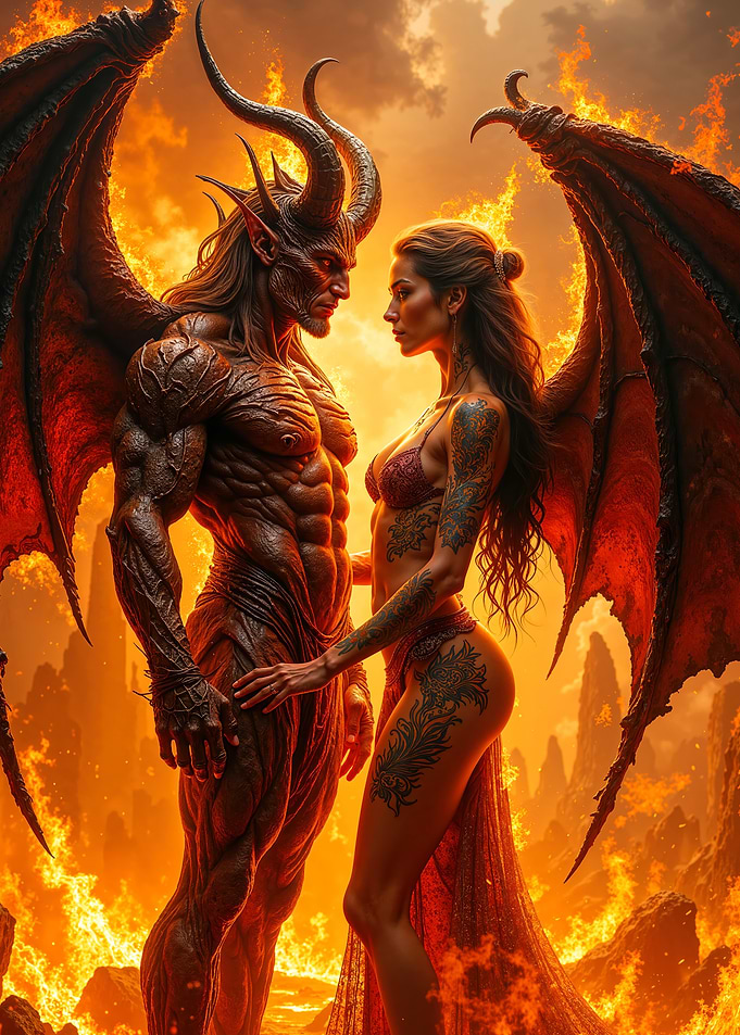 Romantasy Demonic Couple in Fiery Landscape