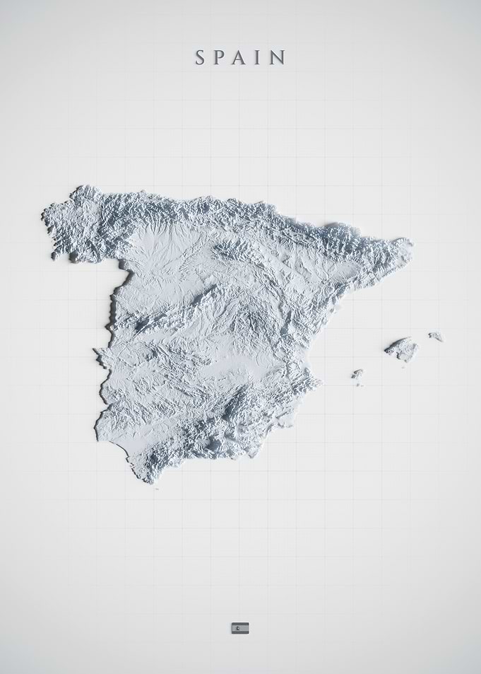 Spain Topographic Map - Light 3D Shaded Relief Elevation Wall Art
