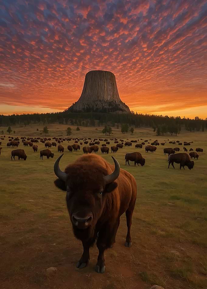 Bison herd at Devils Tower at sunset