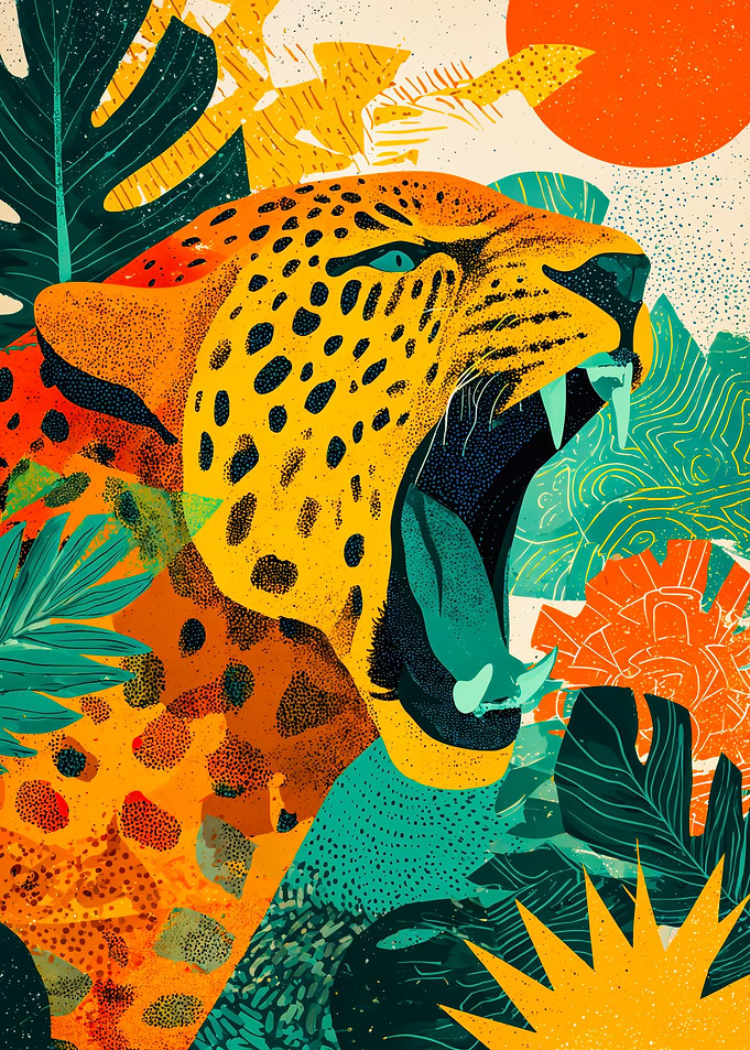 Leopard Roaring in Tropical Jungle Collage